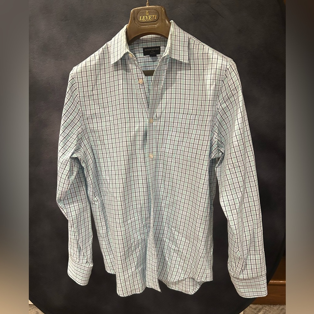 Banana Republic Slim Fit Men's White and Blue Plaid Shirt Medium 15-15.5